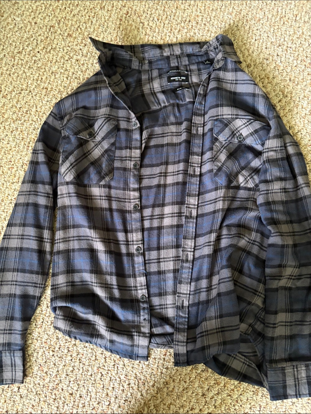 Kenneth Cole Gray and Blue Plaid Button-Down Shirt